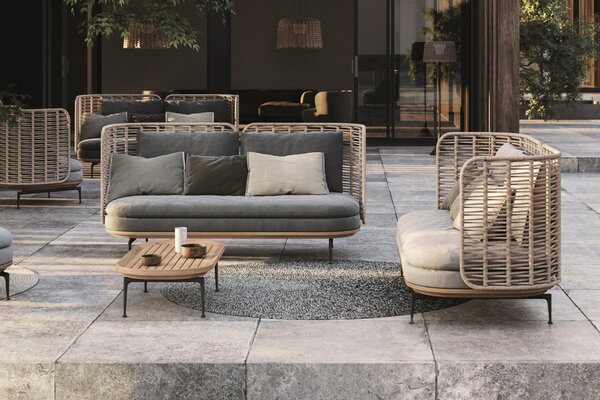 Gloster Relaxační postelový díl pravostranný s vysokou opěrkou Mistral, Gloster, 204x94x102 cm, rám teak a lakovaný hliník barva Meteor, výplet barva Koala, včetně sedáku a opěrných polštářů, kat. B