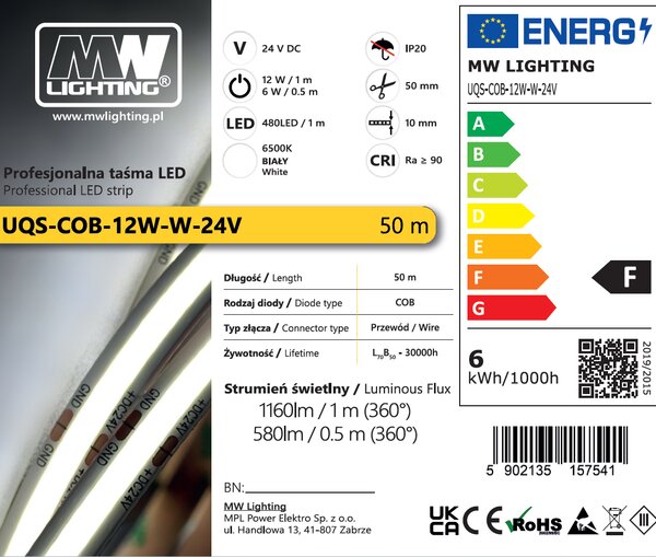 LED pásek COB, 6500K, Ra >90, 12W/m, 24VDC, 10mm, 480LED/m Délka: 1m