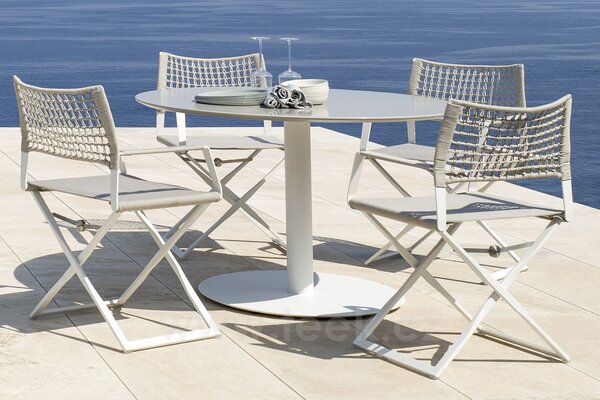 Tribu Jídelní stůl snížený T-Table, Tribu, kulatý 80x67 cm, rám lakovaná nerez barva white, deska keramika dekor sabbia
