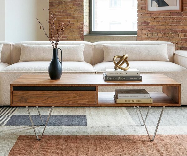 DELIFE Konferenční stolek Stonegrace 115x60x35 cm akácie přírodní břidlice 2 zásuvky 1 přihrádka
