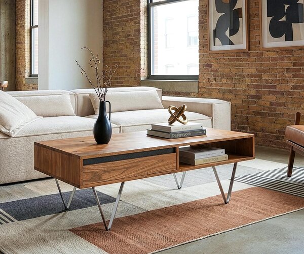 DELIFE Konferenční stolek Stonegrace 115x60x35 cm akácie přírodní břidlice 2 zásuvky 1 přihrádka