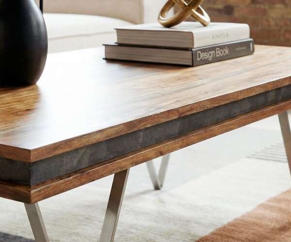 DELIFE Designový konferenční stolek Stonegrace 117x60x25 cm akácie přírodní břidlice