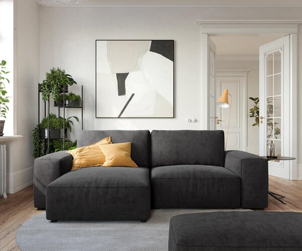DELIFE Rohová pohovka Lanzo 230x155 cm mikrovlákno černá lenoška variabilní s taburetem