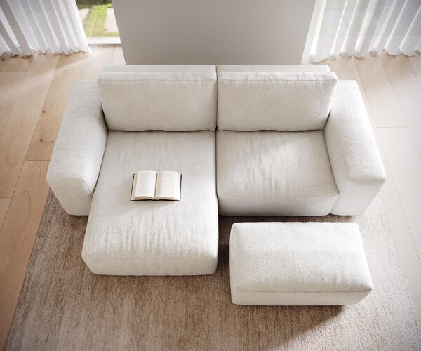 DELIFE Rohová pohovka Lanzo 230x155 cm bouclé krémovo-bílá variabilní lenoška s taburetem