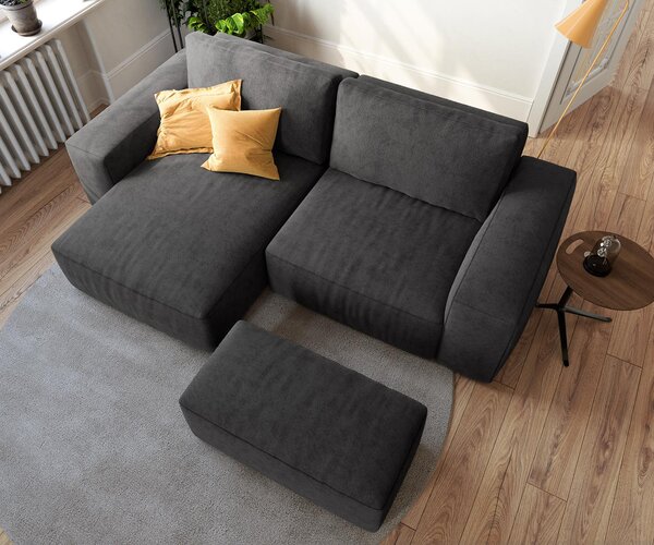 DELIFE Rohová pohovka Lanzo 230x155 cm mikrovlákno černá lenoška variabilní s taburetem