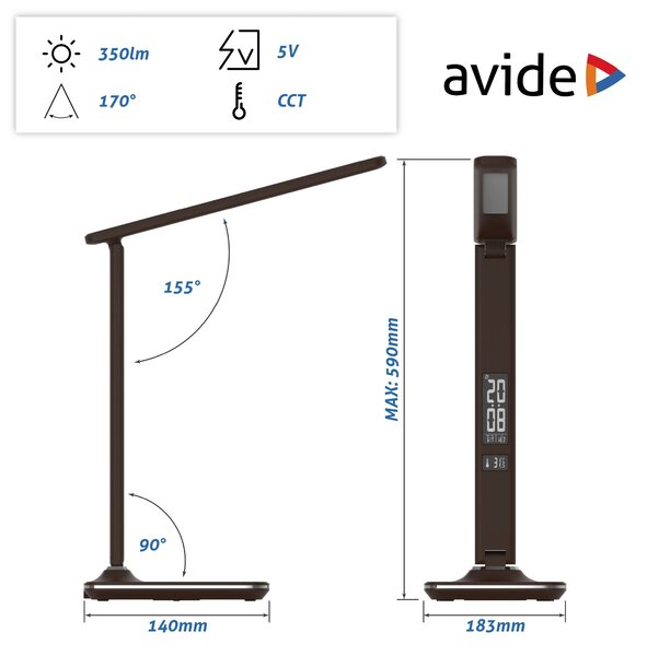 Avide Calendar Office - Stolní kancelářská lampička s displejem v hnědé barvě LED 6W (Moderní stolní lampa s displejem a teploměrem)