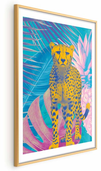 Artgeist Plakát - Exotický leopard - barevný portrét geparda proti tropickým listům Velikost: 60x90 cm, Provedení: Zlatý rám s okrajem