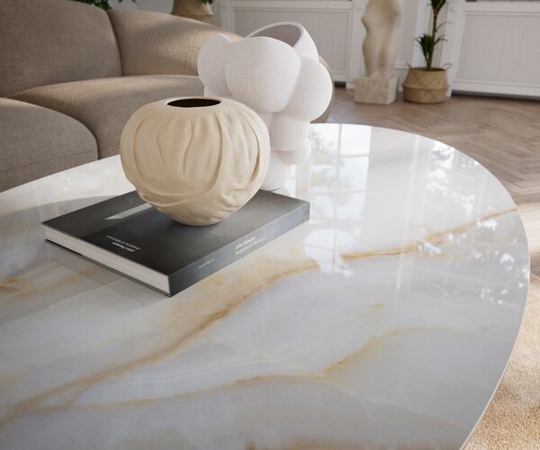 DELIFE Konferenční stolek Edge oválný 140×80 cm keramika Onyx Pearl Sarity nerezová ocel kartáčovaná