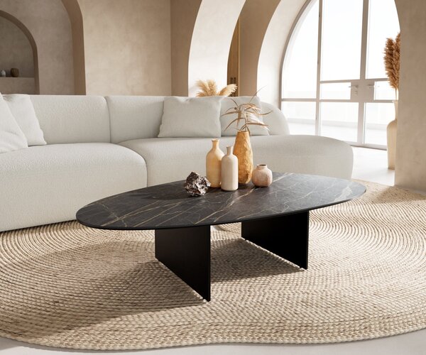 DELIFE Konferenční stolek Edge oválný 140×75 cm keramika Laminam® Noir Desir hnědá Salto kov černá