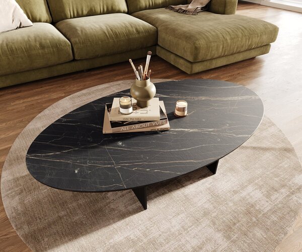 DELIFE Konferenční stolek Edge oválný 140×80 cm keramika Laminam® Noir Desir hnědá Salto kov černá