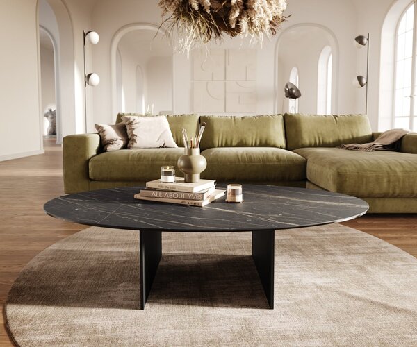 DELIFE Konferenční stolek Edge oválný 140×80 cm keramika Laminam® Noir Desir hnědá Salto kov černá