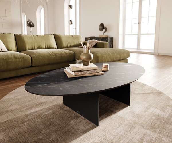 DELIFE Konferenční stolek Edge oválný 140×80 cm keramika Laminam® Noir Desir hnědá Salto kov černá
