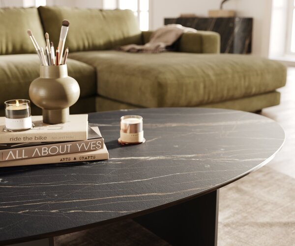 DELIFE Konferenční stolek Edge oválný 140×80 cm keramika Laminam® Noir Desir hnědá Salto kov černá