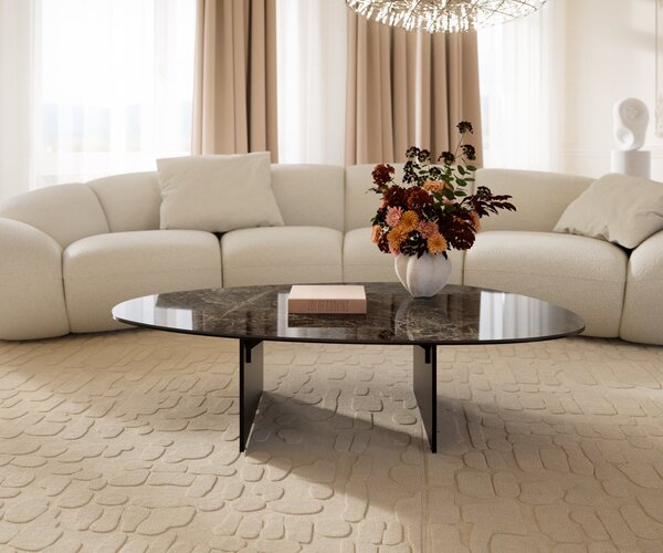 DELIFE Konferenční stolek Edge oválný 140×75 cm keramika Emperador Extra Lucidato tmavě hnědá Salto kov černá