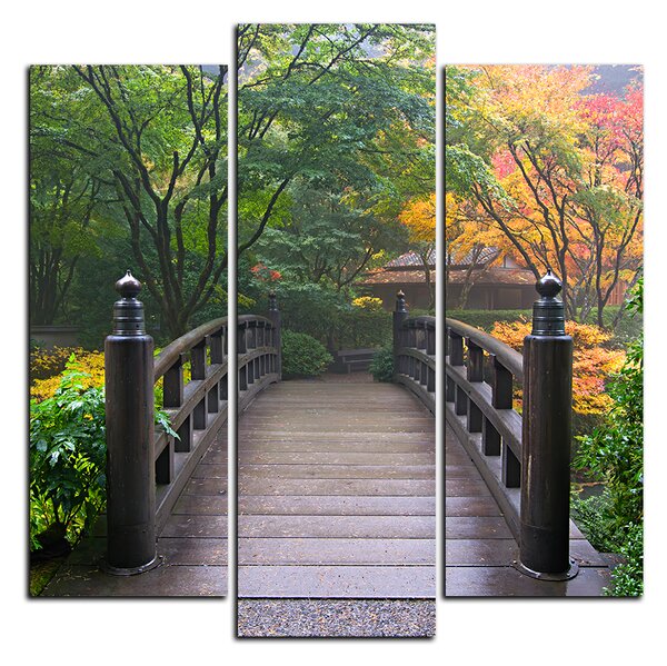 Obraz na plátně - Dřevěný most v podzimní zahradě - čtverec 3186C (75x75 cm)