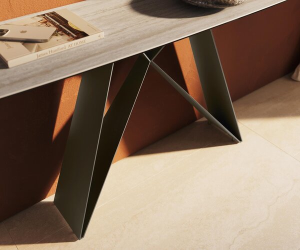 DELIFE Konzolový stůl Edge oválný 180×40 cm keramika Laminam® Travertino Bianco krémově bílá Velio kov titanová barva
