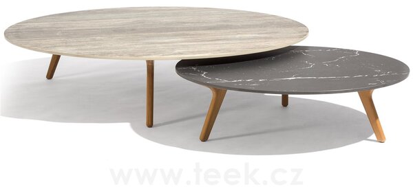 Manutti Nízký stůl Torsa, Manutti, kulatý prům. 100x24 cm, rám teak, deska keramika 12 mm, dekor fossil