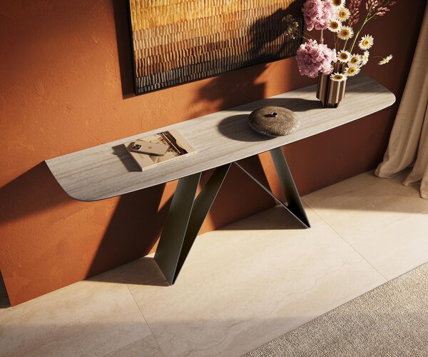 DELIFE Konzolový stůl Edge oválný 180×40 cm keramika Laminam® Travertino Bianco krémově bílá Velio kov titanová barva