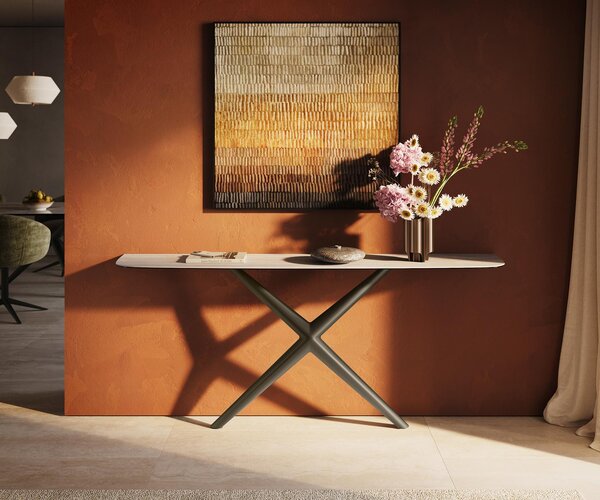 DELIFE Konzolový stůl Edge Boot 180×40 cm keramika Laminam® Travertino Bianco krémově bílá Estelo kov titanová barva