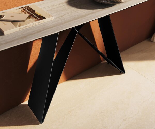 DELIFE Konzolový stůl Edge oválný tvar 180×40 cm keramika Laminam® Travertino Bianco krémově bílá Velio kov černá