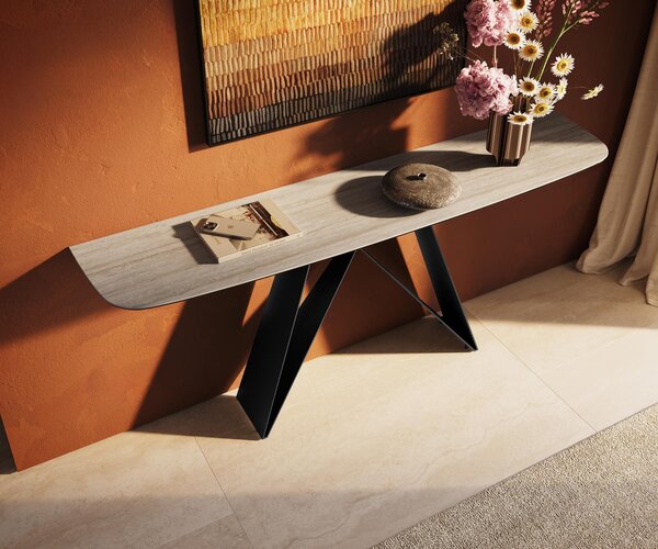 DELIFE Konzolový stůl Edge oválný tvar 180×40 cm keramika Laminam® Travertino Bianco krémově bílá Velio kov černá