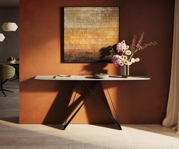 DELIFE Konzolový stůl Edge oválný tvar 180×40 cm keramika Laminam® Travertino Bianco krémově bílá Velio kov černá