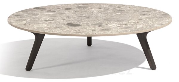 Manutti Nízký stůl Torsa, Manutti, kulatý prům. 100x24 cm, rám teak, deska keramika 12 mm, dekor fossil