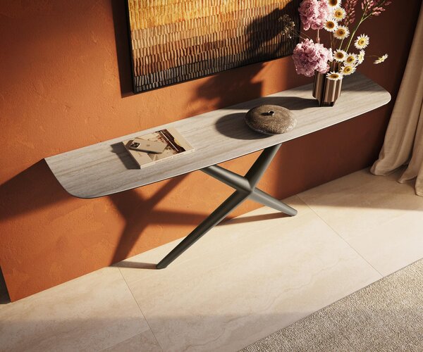 DELIFE Konzolový stůl Edge Boot 180×40 cm keramika Laminam® Travertino Bianco krémově bílá Estelo kov titanová barva
