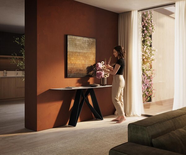 DELIFE Konzolový stůl Edge oválný tvar 180×40 cm keramika Laminam® Travertino Bianco krémově bílá Velio kov černá