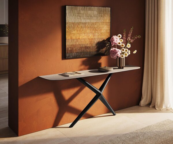 DELIFE Konzolový stůl Edge Boot 180×40 cm keramika Laminam® Travertino Bianco krémově bílá Estelo kov černá