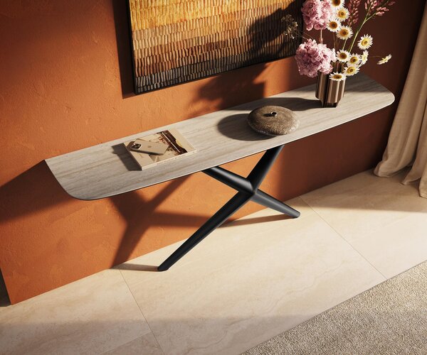 DELIFE Konzolový stůl Edge Boot 180×40 cm keramika Laminam® Travertino Bianco krémově bílá Estelo kov černá