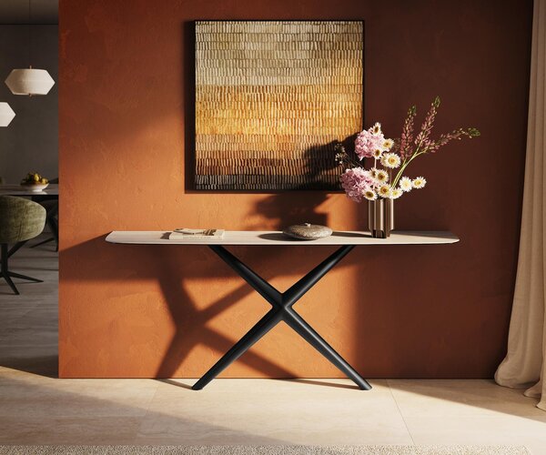 DELIFE Konzolový stůl Edge Boot 180×40 cm keramika Laminam® Travertino Bianco krémově bílá Estelo kov černá