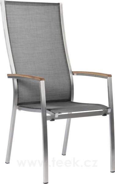 Stern Nerezové stohovatelné jídelní křeslo Cardiff s vysokými zády, Stern, 56x70x110 cm, rám nerez, výplet textilen stříbrnočerný (silver grey),teakové područky FSC teak