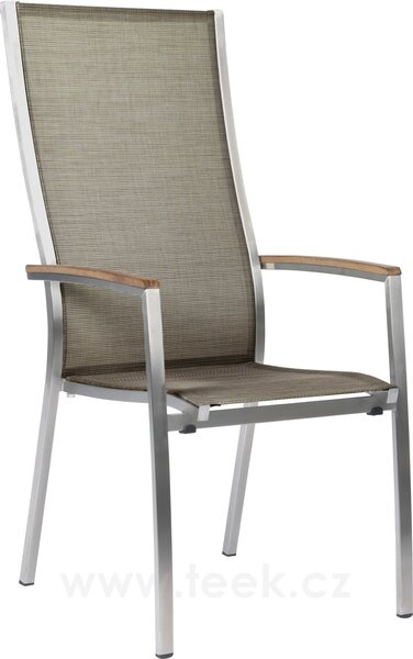 Stern Nerezové stohovatelné jídelní křeslo Cardiff s vysokými zády, Stern, 56x70x110 cm, rám nerez, výplet textilen stříbrnočerný (silver grey),teakové područky FSC teak