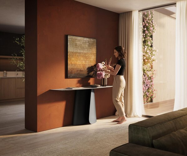 DELIFE Konzolový stůl Edge oválný tvar 180×40 cm keramika Laminam® Travertino Bianco krémově bílá Livos kov černá