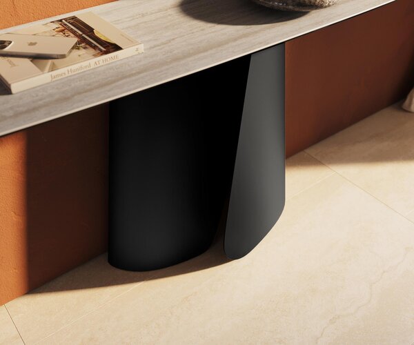 DELIFE Konzolový stůl Edge oválný tvar 180×40 cm keramika Laminam® Travertino Bianco krémově bílá Livos kov černá