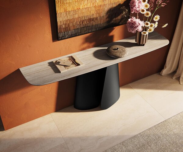 DELIFE Konzolový stůl Edge oválný tvar 180×40 cm keramika Laminam® Travertino Bianco krémově bílá Livos kov černá