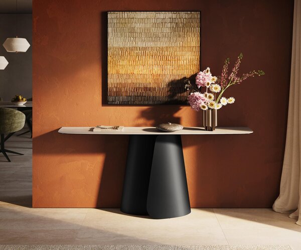 DELIFE Konzolový stůl Edge oválný tvar 180×40 cm keramika Laminam® Travertino Bianco krémově bílá Livos kov černá