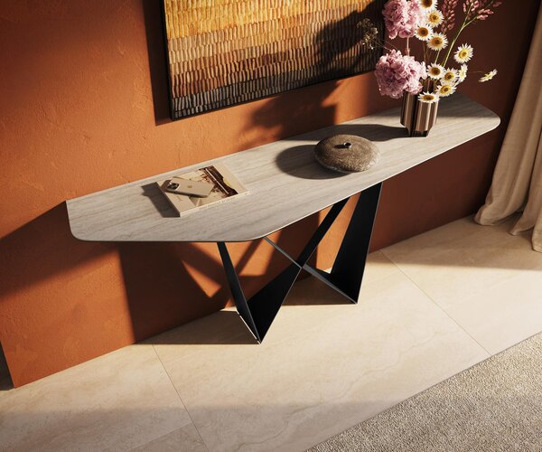 DELIFE Konzolový stůl Edge polygonální 180×50 cm keramika Laminam® Travertino Bianco krémovo-bílá Spios kov černá
