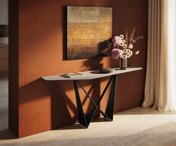 DELIFE Konzolový stůl Edge polygonální 180×50 cm keramika Laminam® Travertino Bianco krémovo-bílá Spios kov černá