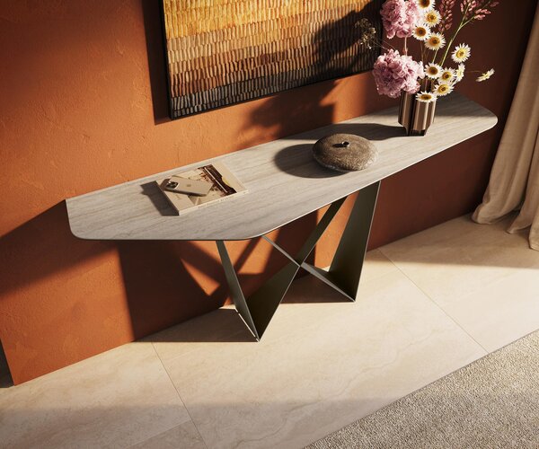 DELIFE Konzolový stůl Edge polygonální 180×50 cm keramika Laminam® Travertino Bianco krémově bílá Spios kov titanová barva