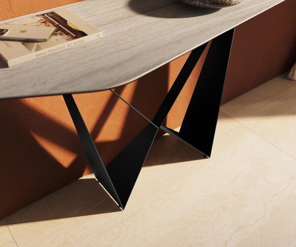 DELIFE Konzolový stůl Edge polygonální 180×50 cm keramika Laminam® Travertino Bianco krémovo-bílá Spios kov černá