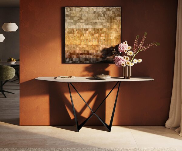 DELIFE Konzolový stůl Edge polygonální 180×50 cm keramika Laminam® Travertino Bianco krémovo-bílá Spios kov černá