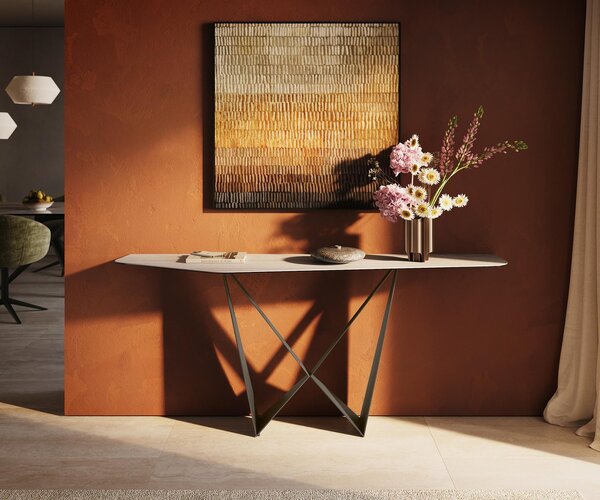 DELIFE Konzolový stůl Edge polygonální 180×50 cm keramika Laminam® Travertino Bianco krémově bílá Spios kov titanová barva