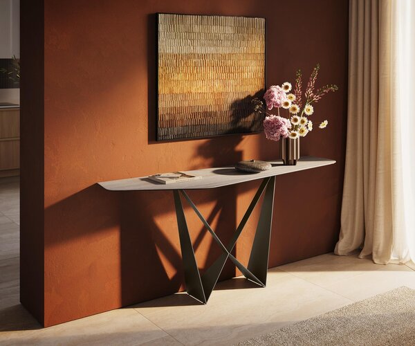 DELIFE Konzolový stůl Edge polygonální 180×50 cm keramika Laminam® Travertino Bianco krémově bílá Spios kov titanová barva
