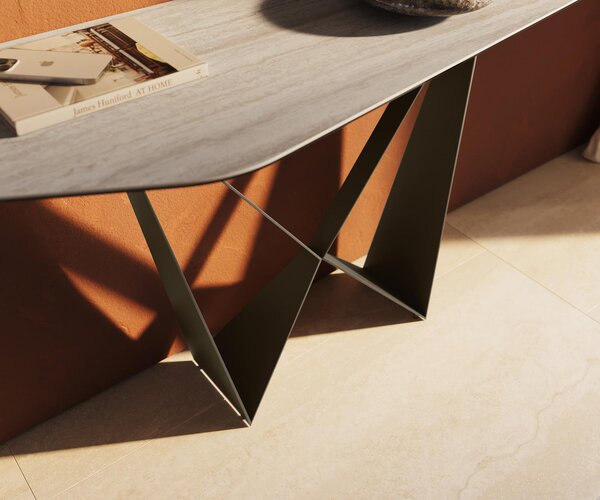 DELIFE Konzolový stůl Edge polygonální 180×50 cm keramika Laminam® Travertino Bianco krémově bílá Spios kov titanová barva