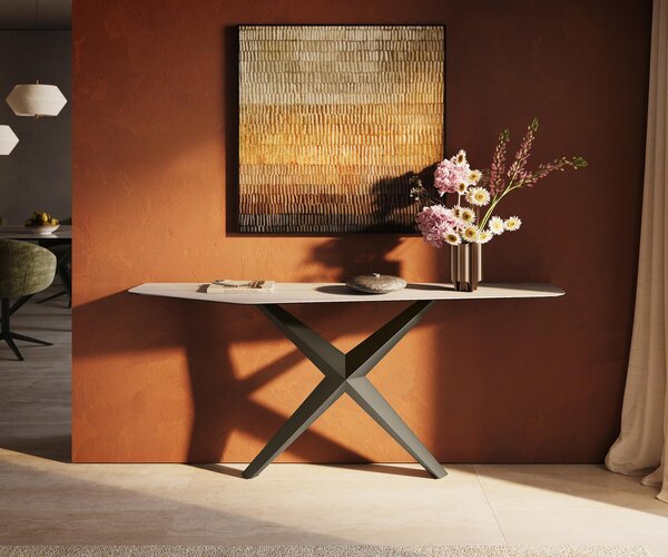 DELIFE Konzolový stůl Edge polygonální 180×50 cm keramika Laminam® Travertino Bianco krémově bílá Zentharo kov titanová barva