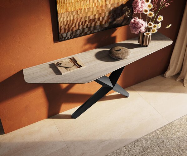 DELIFE Konzolový stůl Edge polygonální 180×50 cm keramika Laminam® Travertino Bianco krémově bílá Zentharo kov černá