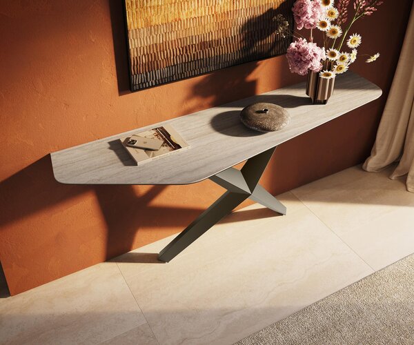 DELIFE Konzolový stůl Edge polygonální 180×50 cm keramika Laminam® Travertino Bianco krémově bílá Zentharo kov titanová barva