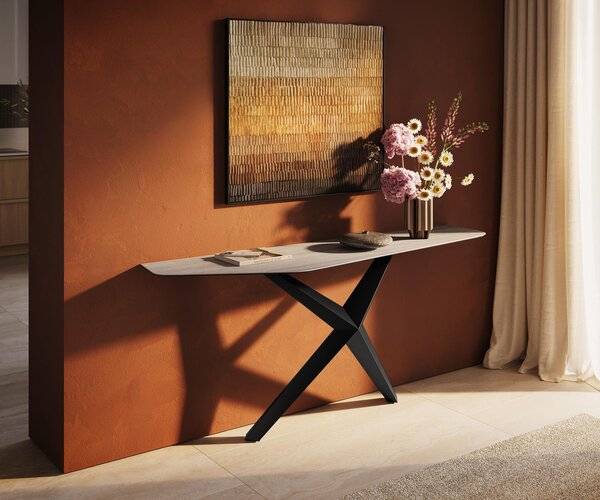DELIFE Konzolový stůl Edge polygonální 180×50 cm keramika Laminam® Travertino Bianco krémově bílá Zentharo kov černá